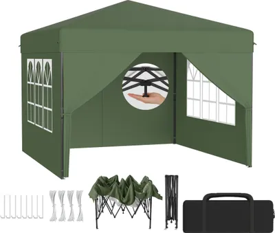 Produktbild von LZQ Pop-Up Pavillon 3x3 m Faltpavillon für Garten & Terrasse, Wasserdicht, UV-Schutz, Ein-Knopf-Schnellaufbau, 3-fach höhenverstellbar, Grün (mit Seitenwände)