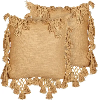 Zdjęcie produktu dla BELIANI Komplet 2 poduszek piaskowe bawełniane z frędzlami 45 x 45 cm do mieszkania tekstylia