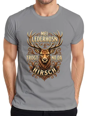 Produktbild von Mei Lederhosn trogt no da Hirsch Bayern Alpen Lederhose Dirndl Herren T-Shirt, Grau, M
