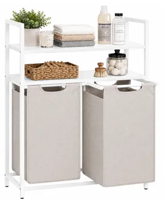 Immagine prodotto di Cesto per la biancheria Relaxdays con ripiani, 2 contenitori estraibili per la biancheria, capacità di 46 litri ciascuno, realizzato in tessuto, dimensioni: altezza 93 x larghezza 73 x profondità 33 cm, colore bianco/beige, Immagine generata dall'IA