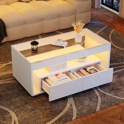 Produktbild von Couchtisch mit LED rechteckiger sofatisch mit 2 großen Schubladen geräumiger Wohnzimmertisch aus Glas doppelschichtiges Design Hochglanz
