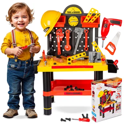 Produktbild von Kinderplay Werkbank Kinder Mit Batteriebetriebene Bohrmaschine und Helm - Kinderwerkbank Mit Arbeitsplatte, Werkzeugbank, Zubehör, KP2646