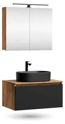 Produktbild von ARISA Badmöbel Set in Schwarz - Mit Spiegelschrank "ARIA" und schwarzem Keramik-Aufsatzwaschbecken 55 cm