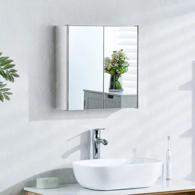 Productafbeelding van Dubbele spiegelkast voor de badkamer, wandmontage met roestvrijstalen afwerking