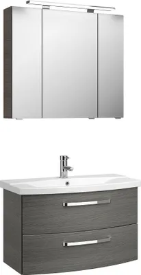 Produktbild von Badezimmer-Set Waschtisch und Spiegel FES-4010-66 Nachbildung Graphit Struktur quer Nb. mit Keramikbecken & LED - B/H/T: 84/175/46cm