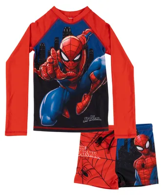 Produktbild von Marvel Spiderman Schwimmset UV-Schutz 30 für Jungen - Kinder Badeanzug Badeset langarm Shirt und Hose Zweiteiler Rot/Blau 134-140