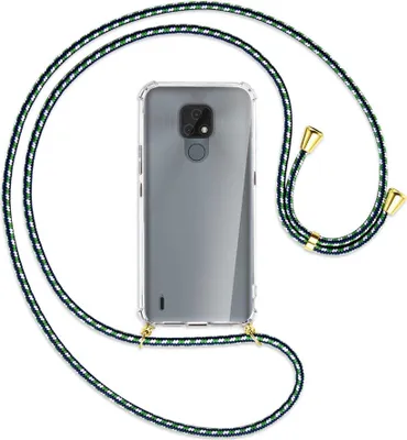 Produktbild von Handykette Backcover-Schutzhülle mit Band (Metall goldfarben) für Motorola Moto E7 - grün/blau/weiß