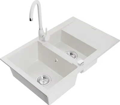 Immagine prodotto di Mexen Gaspar lavello in granito a 1,5 vasche con sgocciolatoio e rubinetto da cucina Telma, bianco - 6507-20-670200-20