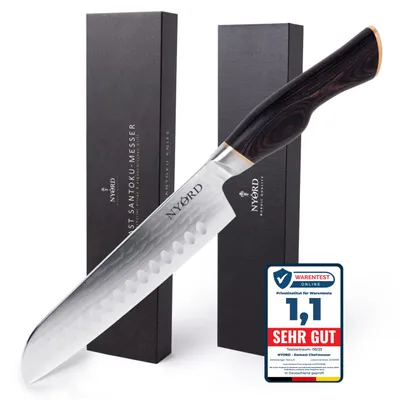 Image de Couteau Santoku NYORD Damast - couteau damas en acier damassé 67 couches, avec lame ultratranchante et manche ergonomique en bois de pakka
