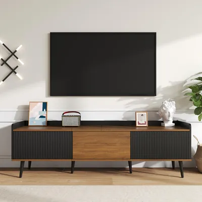 Produktbild von okwish TV-Schrank mit Farbmix-Design,TV-Ständer mit kompakte Konstruktion und natürliches Holzfinish,Mediaschrank mit Dreitür,schwarz+Natur