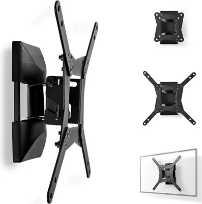 A black TV wall mount is shown on a white background, with additional views of the mount and its components.