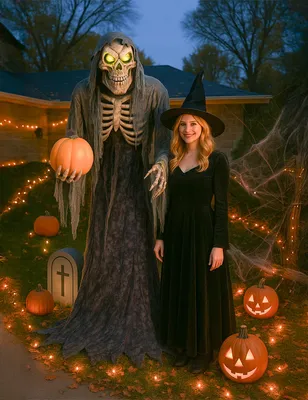 Zdjęcie produktu dla Halloweenowy ruchomy szkielet z dynią, 210 cm