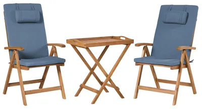 Obrázek produktu pro BELIANI Zahradní bistro set akáciový dřevěný stůl 2 židle modré polštáře odolný proti UV záření skládací