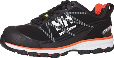 A side view of a black and orange work shoe.