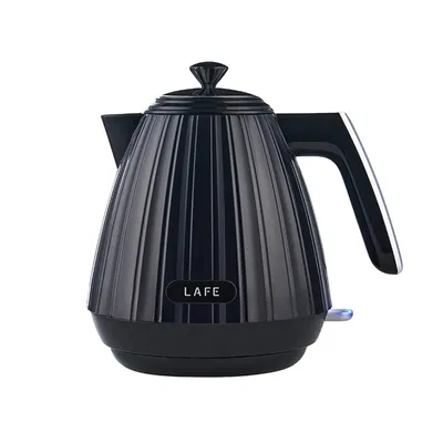 A black electric kettle with a fluted design is shown against a white background.