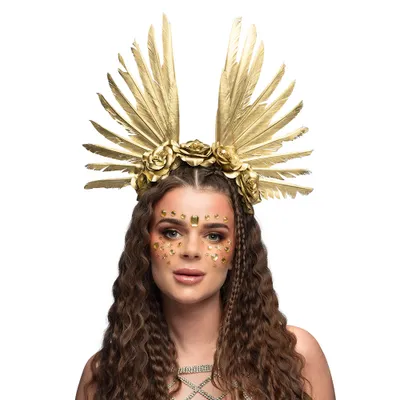 Produktbild von Tiara Sonnengöttin Haarreif mit Federn und Blumen Gold