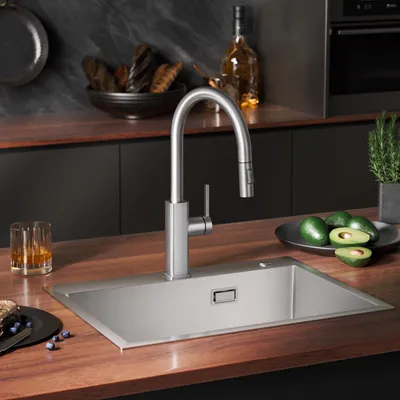 Produktbild von Küchenarmatur Edelstahl 304 gebürstet quadratisch mit 400mm Ausziehbrause 360° drehbar 2 Wasserstrahlmodi metallfreier Wasserweg (CECIPA)