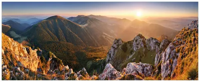 Produktbild von Wallario Wandbild aus Acryl, 125 x 50 cm, freischwebende Optik - Berglandschaft mit Sonnenuntergang in der Slowakei