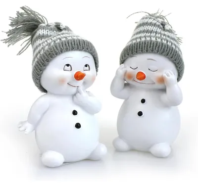 Immagine prodotto di Pupazzi di neve decorativi - Ceramica - 11 cm - Set da 2 - Bianco con berretto grigio