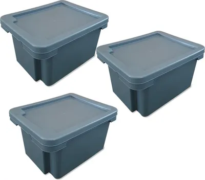 Three gray storage boxes with lids are arranged in a staggered formation against a white background.
