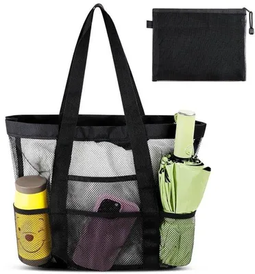 Produktbild von Große Strandtasche - schwarz - mit Waschbeutel und Fächern - falten Sie die Netztasche