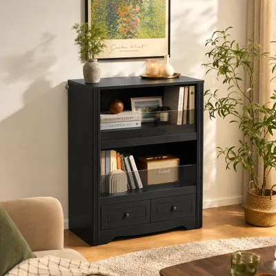 Produktbild von Kleine Vitrine 100x80x50cm Schwarz, 2 Fächer mit halbhohen Glasplatten & 2 Schubladen, Sammlervitrine mit Kippschutz, für Wohnzimmer & Esszimmer