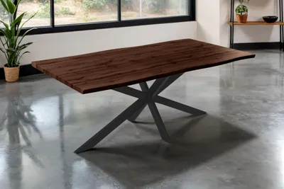 Produktbild von Esstisch Josy | 200 x 100 cm | Holz Nussbaum-Optik | Spider-Gestell Metall schwarz | 40 mm Tischplatte mit Baumkante | Tisch für Esszimmer & Küche