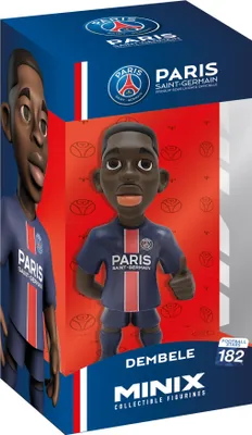 A collectible figurine of a football player, Dembele, in his Paris Saint-Germain uniform, displayed in its original packaging.