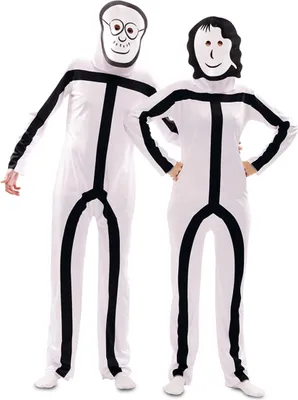 Two people wearing stick figure costumes.