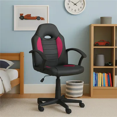 A child's bedroom with a gaming chair, bed, and bookshelf.