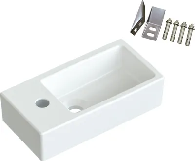 Produktbild von AQUALAVOS Waschbecken Handwaschbecken weiß eckig klein Badezimmer Gäste wc wandhängend mit Hahnloch(links) BxTxH: 40,5x20x10,5 cm ohne Unterschrank und Überlauf Eckwaschbecken