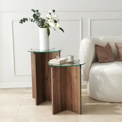 Produktbild von Skye Decor, Lily - Walnut, Beistelltische, Satztisch (2 Stück), Nussbaum, Glas, 40 x 45 x 40 cm