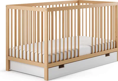 Produktbild von Babybett Kinderbett Gitterbett höhenverstellbar & herausnehmbare Sprossen Holz mit Schublade un Matratze natur 60x120 cm von Geburt bis 3. Lebensjahr