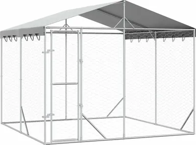 An outdoor dog kennel with a roof, made of galvanized steel.