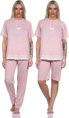 Produktbild von Damen 3 tlg. Pyjama Capri & lange Hose Shirt in kurzen Ärmeln; Rosa/L/40