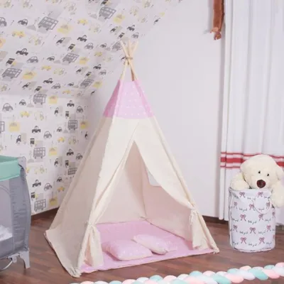 Zdjęcie produktu dla Namiot tipi dla dzieci różowy w gwiazdki z matą i 2 poduszkami