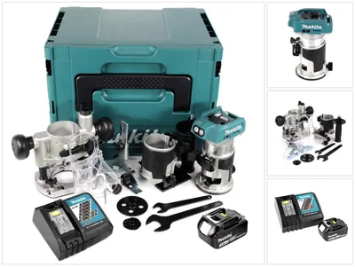 Obrázek produktu pro Akumulátorová multifunkční frézka Makita DRT 50 RF1J X2 18 V Li-Ion v balení Makpac včetně frézovacích modulů + 1x akumulátor 3.0 + nabíječka