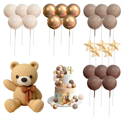 Tortendeko-Set 26-teilig, Teddybär, Sterne, Kugeln, braun-gold, Kunststoff