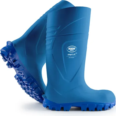 A pair of blue work boots are shown against a white background.