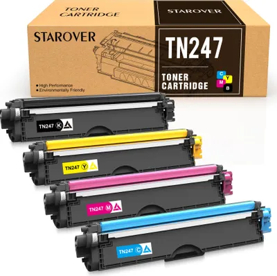 A product shot of four toner cartridges and their packaging.
