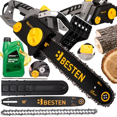 A collage of images showing a chainsaw, oil, spare parts, and wood.