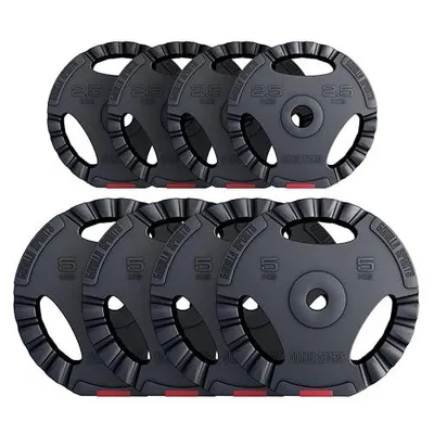 Produktbild von GORILLA SPORTS® Hantelscheiben - 30kg Set, 4x2,5kg + 4x5kg Gewichte, 30/31mm Bohrung, Tri-Grip, Kunststoff - Gewichtsscheiben, Hantelscheiben-Set