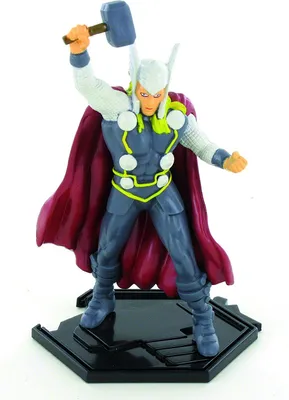 A figurine of the Marvel character Thor standing on a black hexagonal base.
