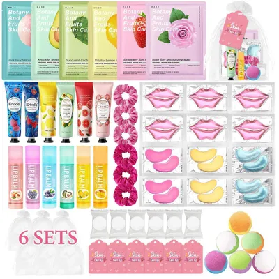 Produktbild von Spa-Party-Zubehör Set für Mädchen & Frauen | 6 Geschenkesets | Hautpflege, Handcreme, Lippenpflege, Badebombe