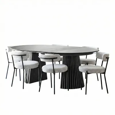 Produktbild von Tokyo Essgruppe Esstisch inkl. 2 Einlegeplatten Ø120x120-160-200 cm Schwarz und 6 Stühle Bouclé Weiß., KI-generiertes Bild