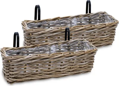 Produktbild von Balkonkasten Rattan natur 44 x 17 cm - 2er Set - Blumen Weidenkorb mit Halterung - Balkon Garten Blumenkasten Pflanztopf Blumenkorb zum Einhängen an Geländer