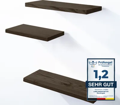 Produktbild von LAMO Manufaktur 3 Stück Wandregal aus Holz mit unsichtbarer Befestigung 42/36/30cm | Wandregal aus 100 % echtem Holz | Hängeregal für Wohnzimmer, Schlafzimmer | Wandregale SET 3 Gerade Farbe: Schwarz