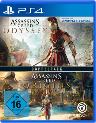 A video game double pack cover featuring Assassin's Creed Odyssey and Assassin's Creed Origins.