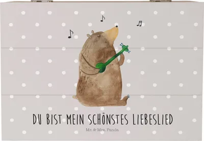Produktbild von Mr. & Mrs. Panda Holzbox Bär Lied 22 x 15 cm - Grau Pastell - Geschenk, Geschenkbox, Holztruhe, Freundin, Schatzkiste, Box, Herz, Kiste, Spruch, Teddy