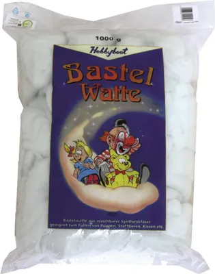 A bag of white polyester filling wadding with a colorful label featuring a clown and a girl on a moon.